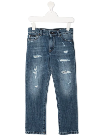 Shop Dolce & Gabbana Distressed Straight-leg Jeans In Blue