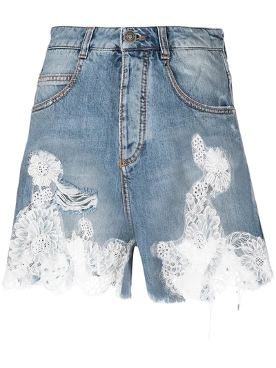 Shop Ermanno Scervino Lace Apploque Denim Shorts In Blue