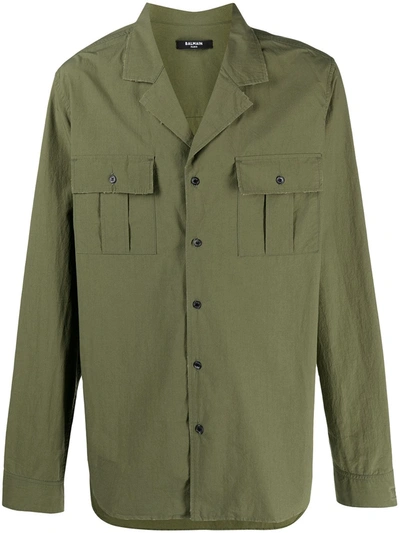 Shop Balmain Flap Pocket Cotton Shirt In Green