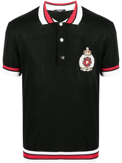 Shop Balmain Crest Patch Polo Shirt In Black