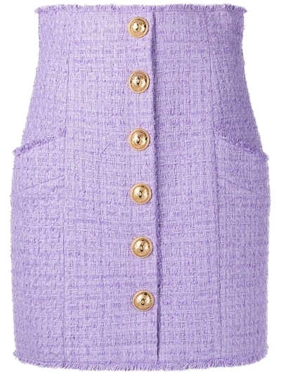 Shop Balmain Button-detail Tweed Skirt In Purple