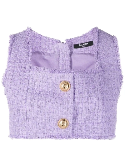 Shop Balmain Button-detail Tweed Top In Purple