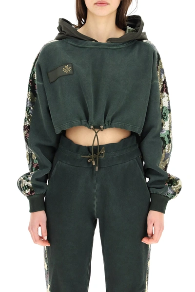 Shop Mr & Mrs Italy Cropped Sweatshirt With Camouflage Sequins In Dark London Green (red)