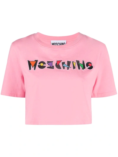 Shop Moschino Logo Embroidered Cropped T-shirt In Pink