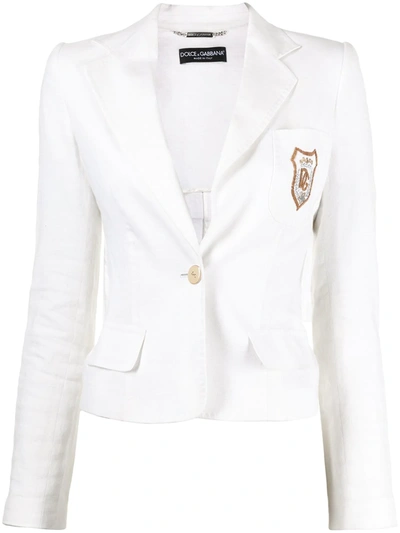 Pre-owned Dolce & Gabbana Embroidered Logo Single-breasted Blazer In White