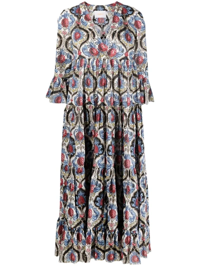 Shop La Doublej Abstract-print Tiered Maxi Dress In Blue