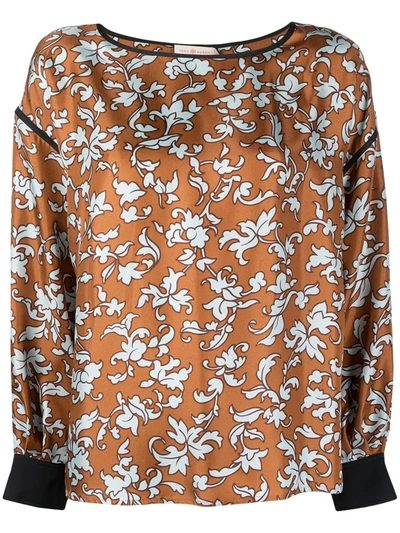 Shop Tory Burch Floral-print Long-sleeved Silk Blouse In Brown