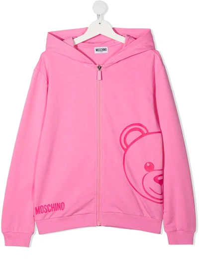Shop Moschino Teen Teddy Zipped Hoodie In Pink