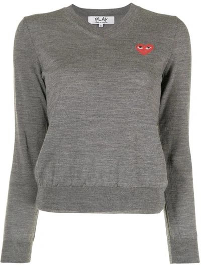 Shop Comme Des Garçons Play Intarsia Knit-logo V-neck Jumper In Grey