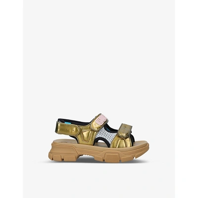 Shop Gucci Girls Gold Kids Aguru Trek Brand-embellished Leather Sandals 5-7 Years