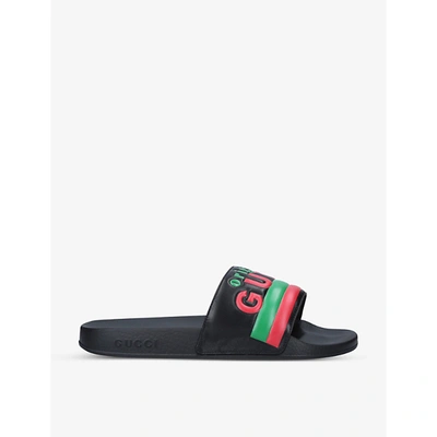 Shop Gucci Men's Black Pursuit Brand-print Rubber Sliders