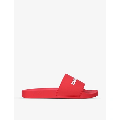 Shop Balenciaga Men's Red Logo-print Rubber Pool Sliders