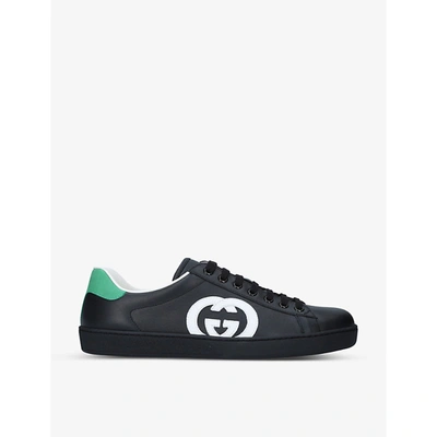 Shop Gucci Men's New Ace Contrast-logo Leather Trainers In Black
