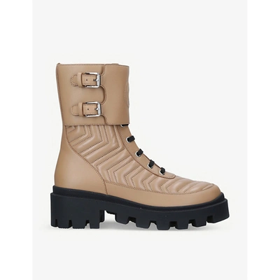 Shop Gucci Frances Chevron-quilted Leather Heeled Biker Boots In Beige