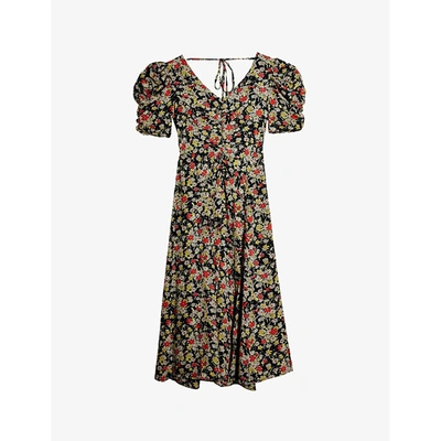 Shop Topshop Puffed-sleeve Floral-print Midi Dress In Multi