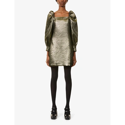 Shop Sandro Julie Metallic Puffed-sleeve Woven Mini Dress In Gold