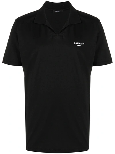 Shop Balmain Flocked Logo Polo Shirt In Black