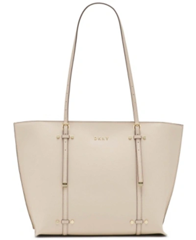 Shop Dkny Bo Leather Crosshatched Tote In Eggshell/gold