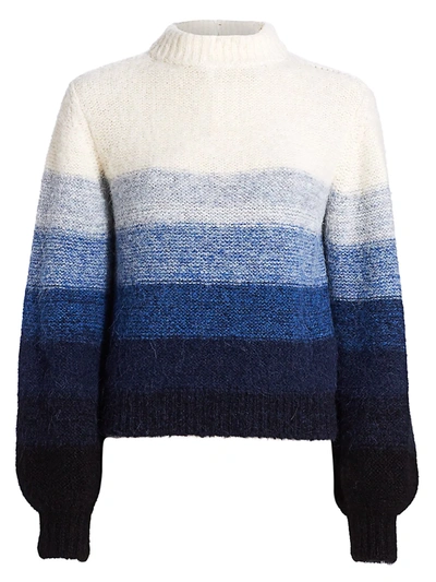 Shop Akris Punto Women's Horizontal Stripe Puff-sleeve Stretch-alpaca Wool Knit Sweater In Neutral