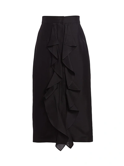 Shop Max Mara Edolo Shantung Ruffle Front Silk Pencil Skirt In Black