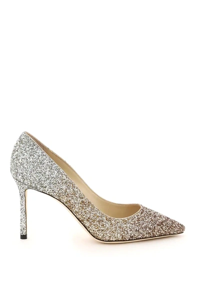 Shop Jimmy Choo Romy Triple-shaded Glitter Pumps 85 In Silver,gold