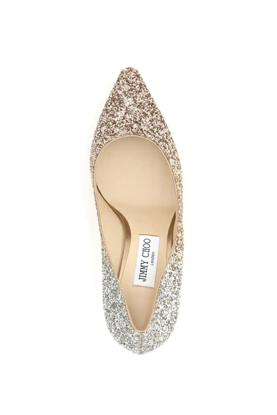 Shop Jimmy Choo Romy Triple-shaded Glitter Pumps 85 In Silver,gold