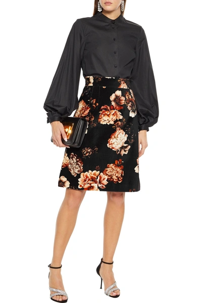 Shop Dolce & Gabbana Floral-print Stretch-cotton Velvet Skirt In Black