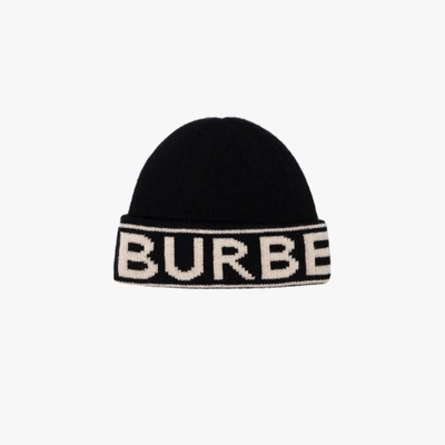 Shop Burberry Black Logo Intarsia Cashmere Beanie Hat
