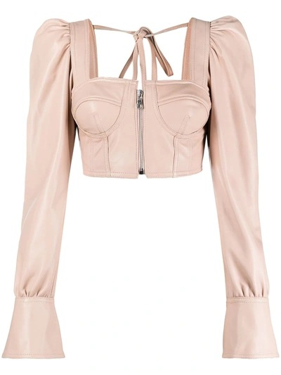 Shop Manokhi Leather Bustier Top With Puff Sleeves In Pink