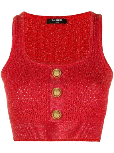 Shop Balmain Cropped Tank Top In Red