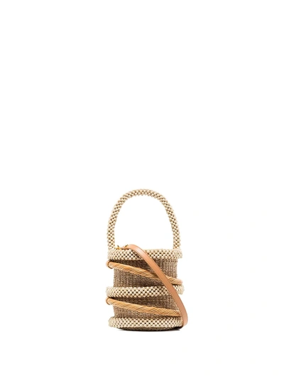 Shop Aranaz Beaded Detail Mini Bucket Bag In Neutrals