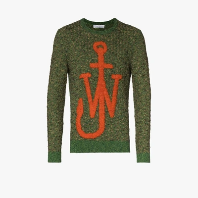 Shop Jw Anderson Green Anchor Logo Textured Knit Sweater
