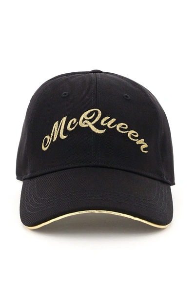 Shop Alexander Mcqueen Baseball Cap Golden Logo In Black Gold (black)