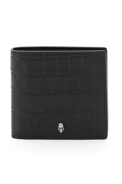 Shop Alexander Mcqueen Crocodile Print Bi-fold Wallet In Black (black)