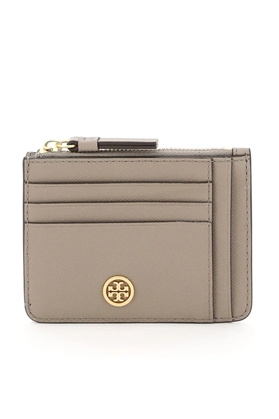Shop Tory Burch Robinson Card Holder Pouch In Gray Heron (beige)