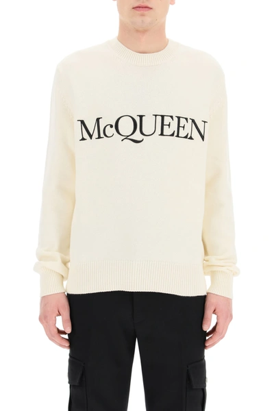 Shop Alexander Mcqueen Cotton Sweater With Logo Embroidery In Black Ivory White (white)