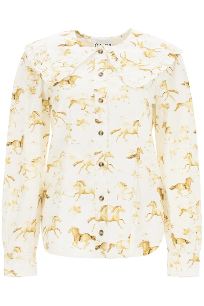 Shop Ganni Horses Print Cotton Shirt In Cognac (white)