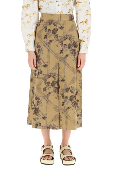 Shop Ganni Jacquard Brocade Midi Skirt In Tigers Eye (brown)