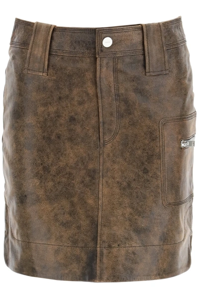 Shop Ganni Mini Skirt In Vintage Leather In Cognac (brown)