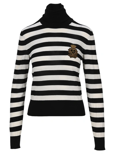 Shop Dolce & Gabbana Dolce&amp;gabbana Striped Crest Logo Jumper In Black White