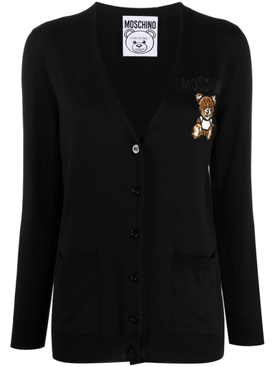 Shop Moschino Teddy Bear Bead-embellished Cardigan In Black