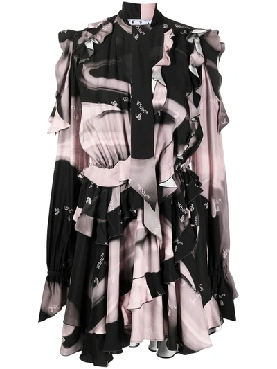 Shop Off-white Ruffled Logo Mini Dress In Black ,pink