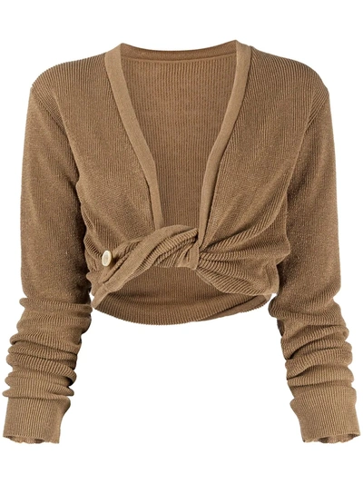 Shop Jacquemus Twisted Cropped Cardigan In Brown