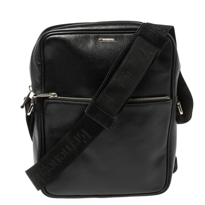 Pre-owned Ermenegildo Zegna Black Leather Front Zip Pocket Messenger Bag
