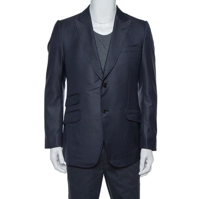 Pre-owned Gucci Navy Blue Textured Silk Wool Tailored Blazer Xl