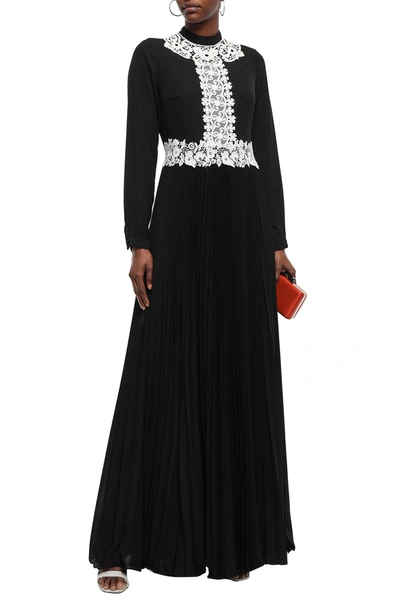 Shop Mikael Aghal Guipure Lace-appliquéd Pleated Crepe Gown In Black