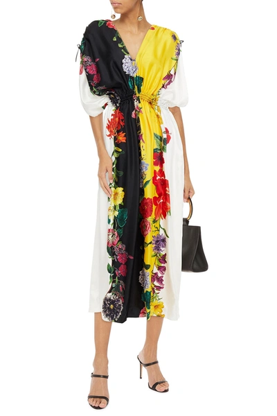 Shop Oscar De La Renta Gathered Floral-print Silk-twill Maxi Dress In Multicolor