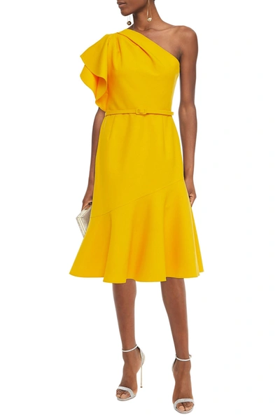 Shop Oscar De La Renta One-shoulder Fluted Wool-blend Crepe Midi Dress In Marigold