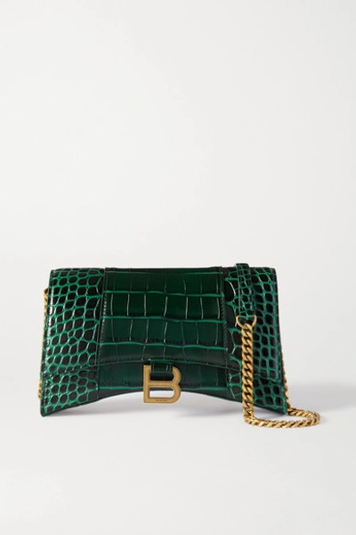 Shop Balenciaga Hourglass Croc-effect Leather Shoulder Bag In Dark Green
