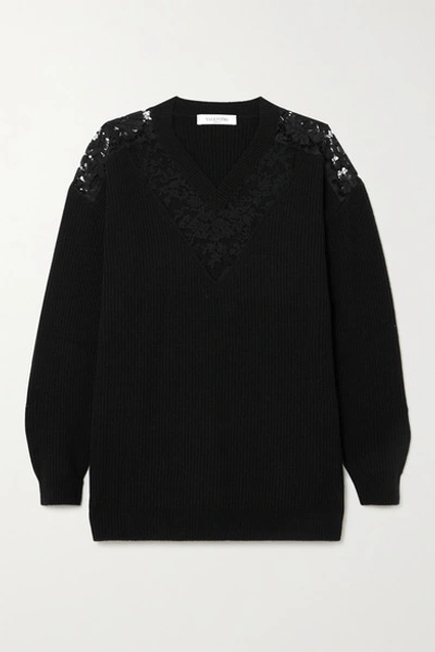 Shop Valentino Lace-paneled Ribbed Wool And Cashmere-blend Sweater In Black